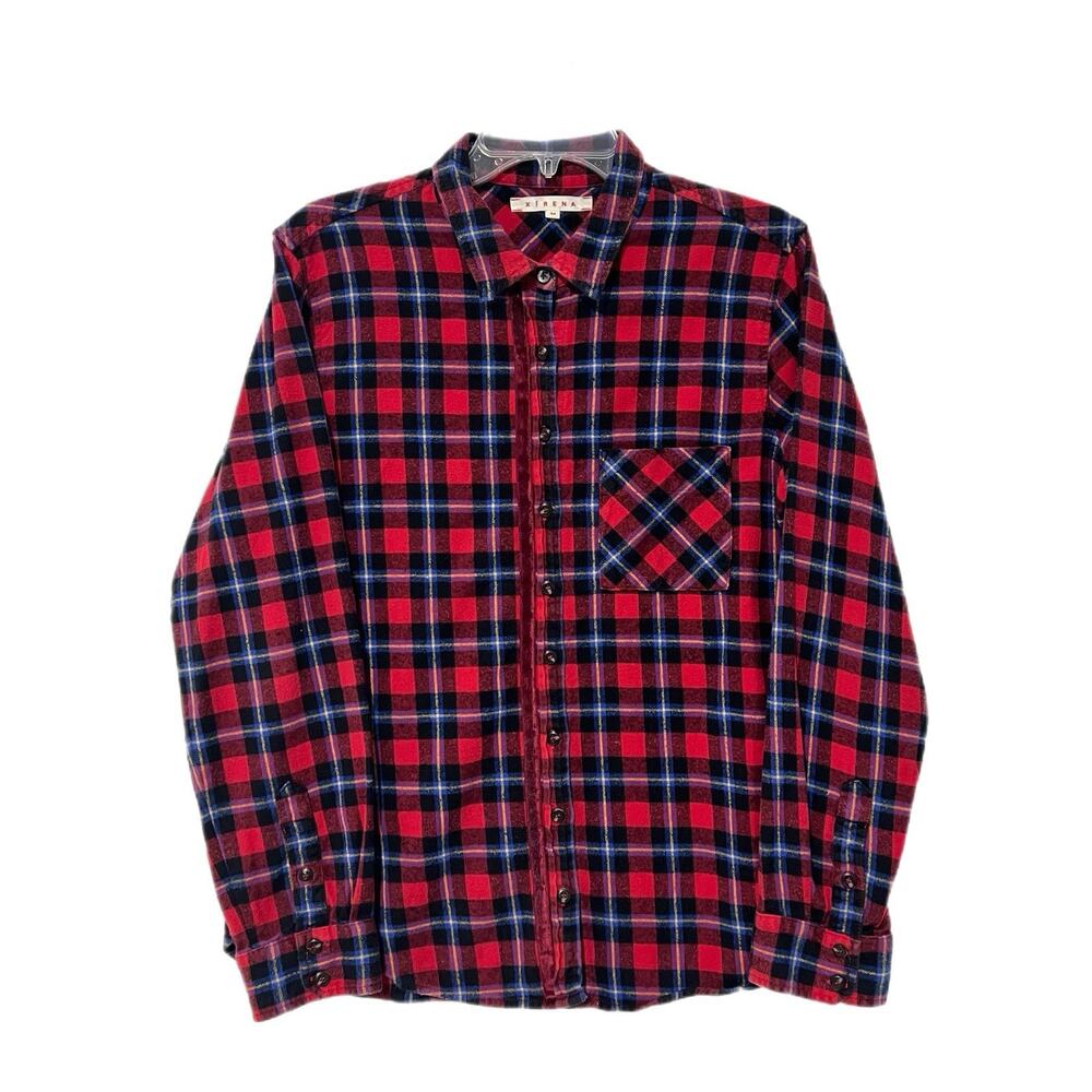 Xirena Women M Flannel Button Down Shirt Red Blue Long Sleeve 100% Cotton Preppy